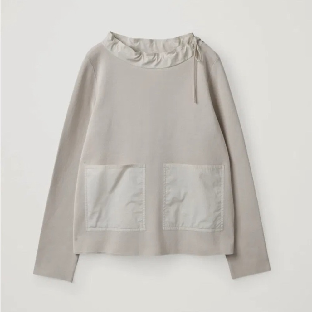 COS 100% Organic Cotton M Funnel Neck Drawstring Detail Top in Cream